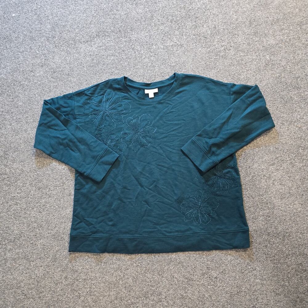 J Jill Top Women Size Small Petite Green Casual Crew Neck Sweatshirt Embroidered